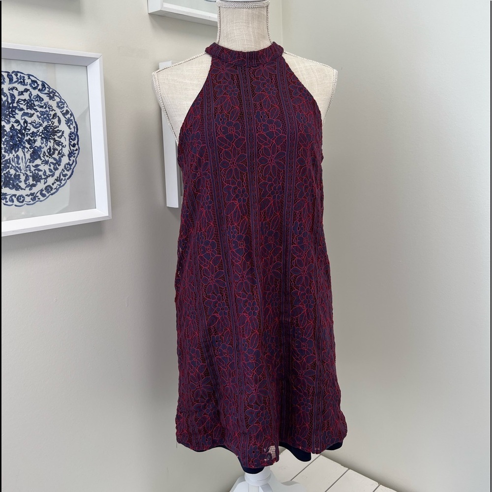 🍷 Alya Navy Blue Red Lace Floral Dress🍷
